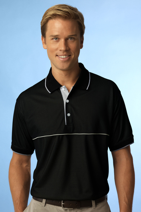 Vansport Double-Knit Piped Tech Polo - Black/Grey Piping,MD