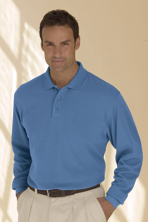 Solid Textured Long Sleeve Polo - Bay Blue,LG