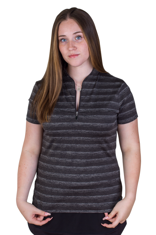 Women's Greg Norman Stripe Zip Henley - Black/Heather,XLG