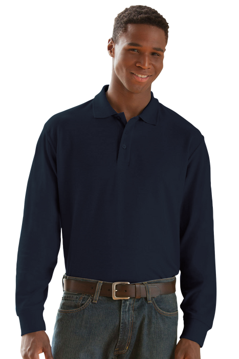 Long Sleeve Soft-Blend Double-Tuck Pique Polo - Navy,LG