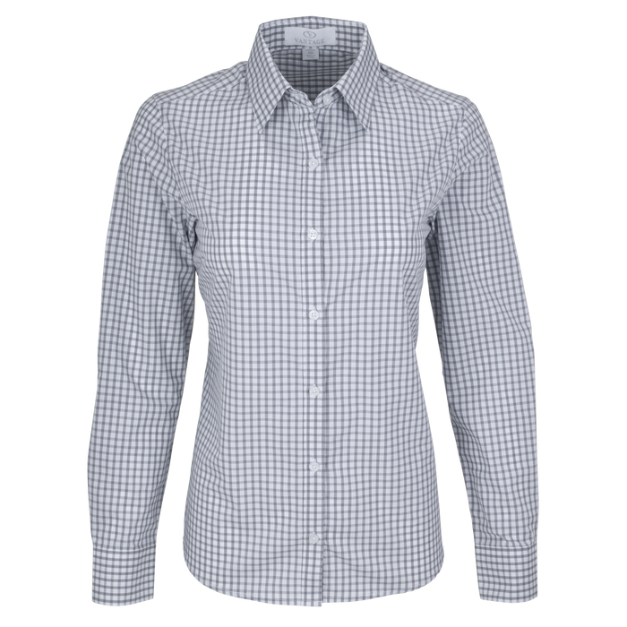 Women’s Easy-Care Gingham Check Shirt - Grey/White,MD