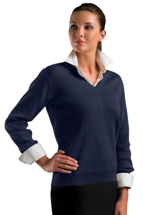 Women's V-Neck Drop-Needle Sweater - Navy,LG